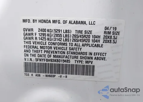 2019 Honda Passport Touring z USA, uszkodzony, nr VIN 5FNYF8H93KB015485